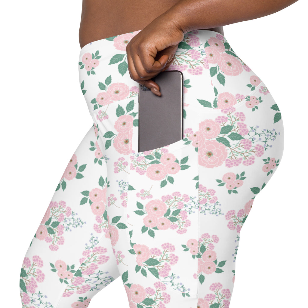 Women’s Pink Flower Yoga Leggings With Pockets – High-Waisted, Soft Compression Active Pants