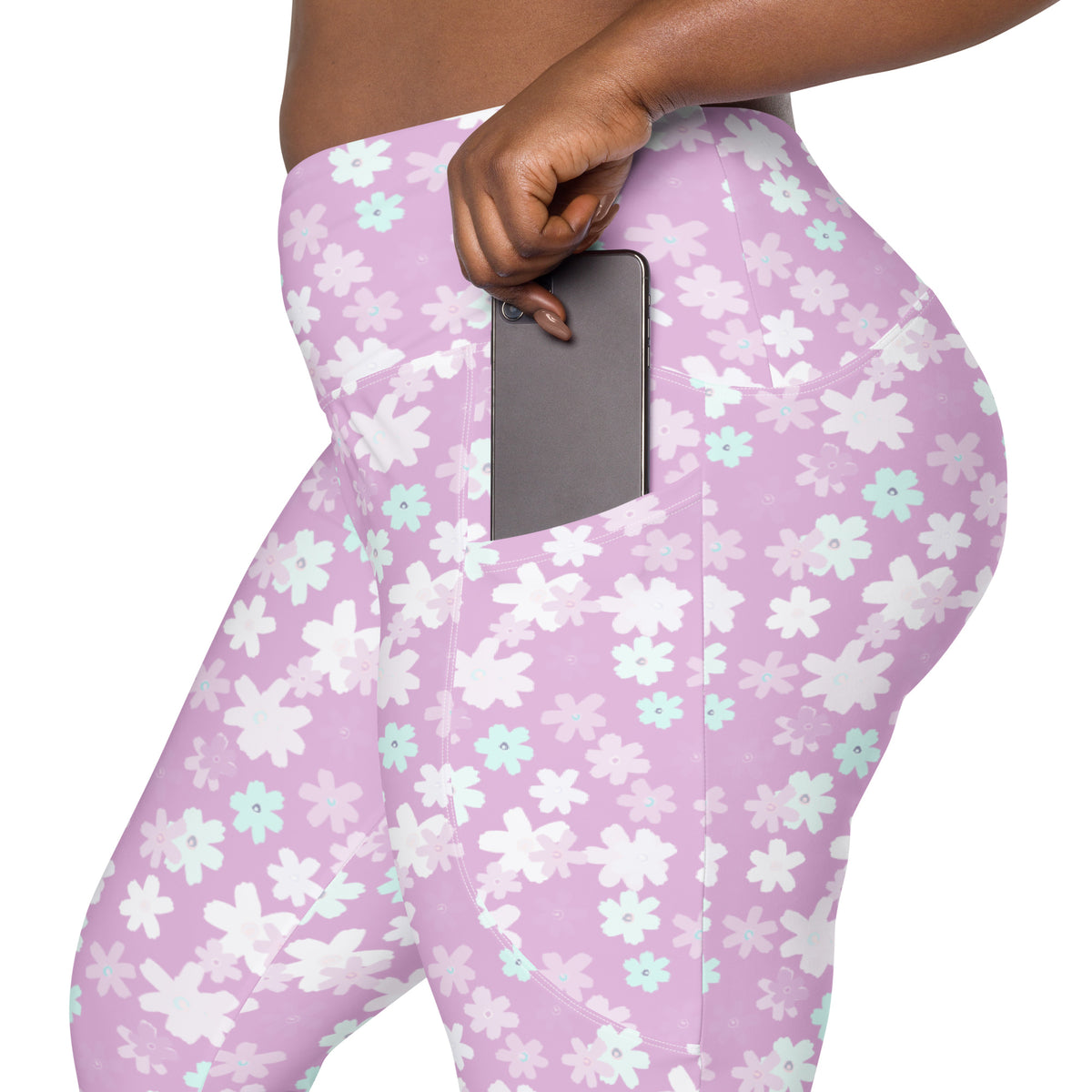 Women’s Pastel Purple Floral Yoga Leggings With Pockets – High-Waisted, Soft Compression Active Pants