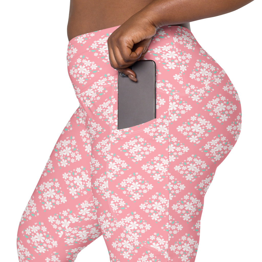 Women’s Pink Flower Yoga Leggings With Pockets – High-Waisted, Soft Compression Active Pants