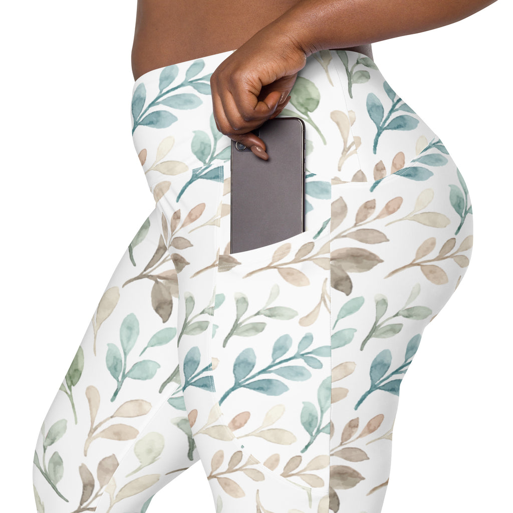 Women’s Watercolor Leaf Yoga Leggings With Pockets – High-Waisted, Soft Compression Active Pants