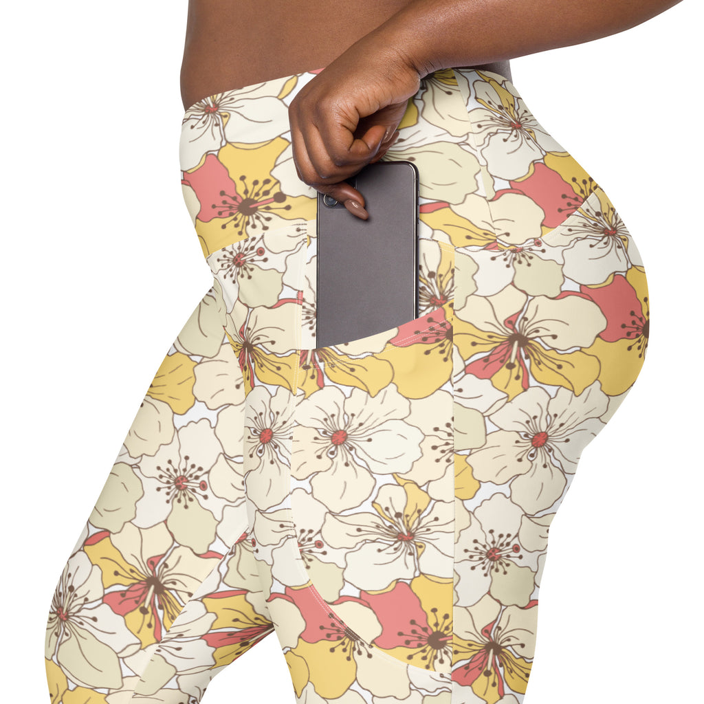 Women’s Yellow Floral Yoga Leggings With Pockets – High-Waisted, Soft Compression Active Pants