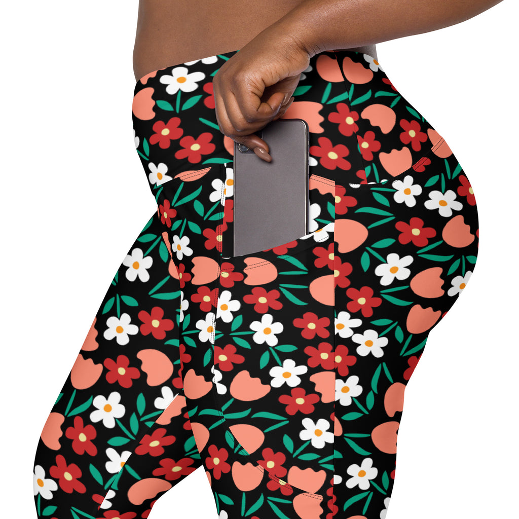 Women’s Black Floral Yoga Leggings With Pockets – High-Waisted, Soft Compression Active Pants