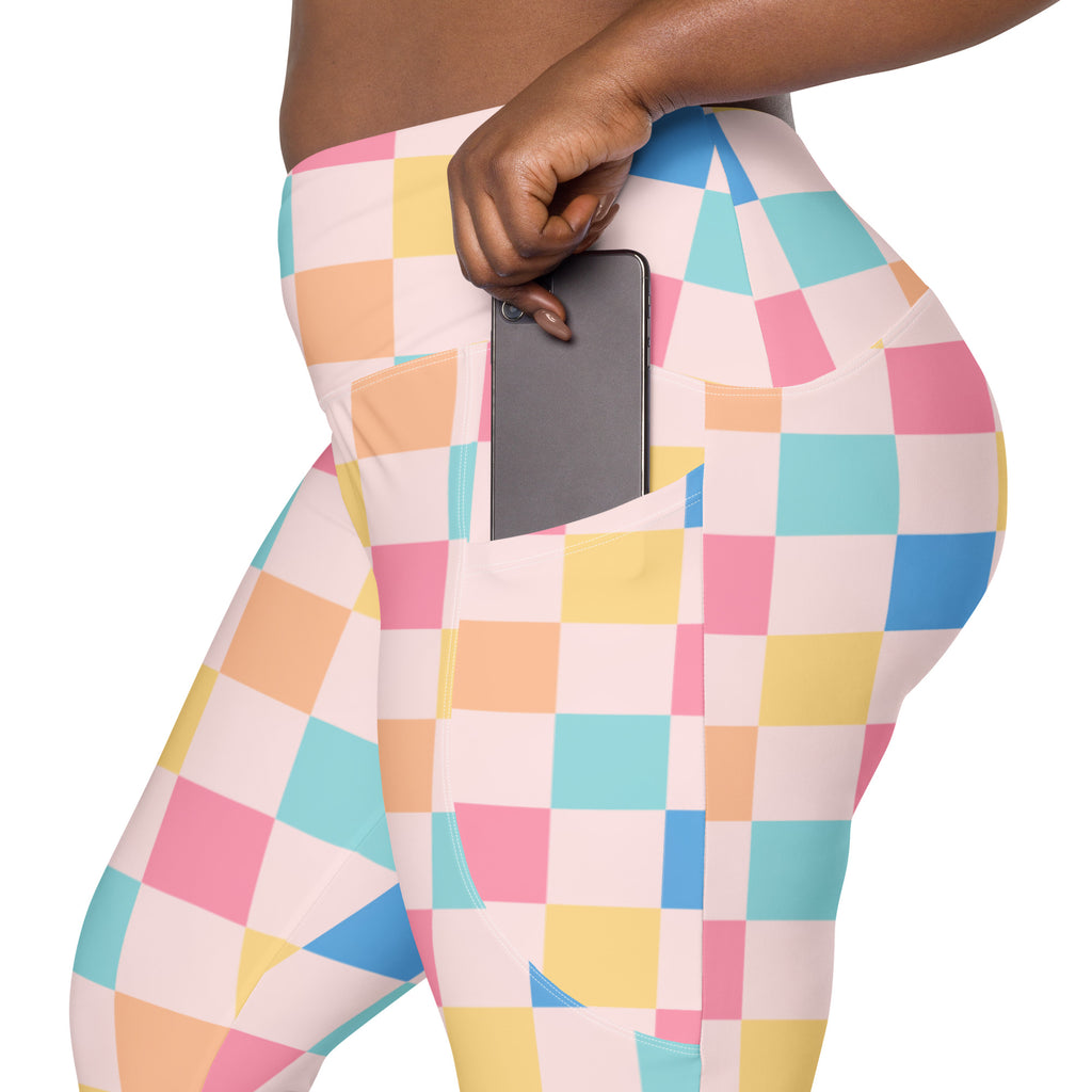 Women’s Colorful Pastel Checkered Yoga Leggings With Pockets – High-Waisted, Soft Compression Active Pants