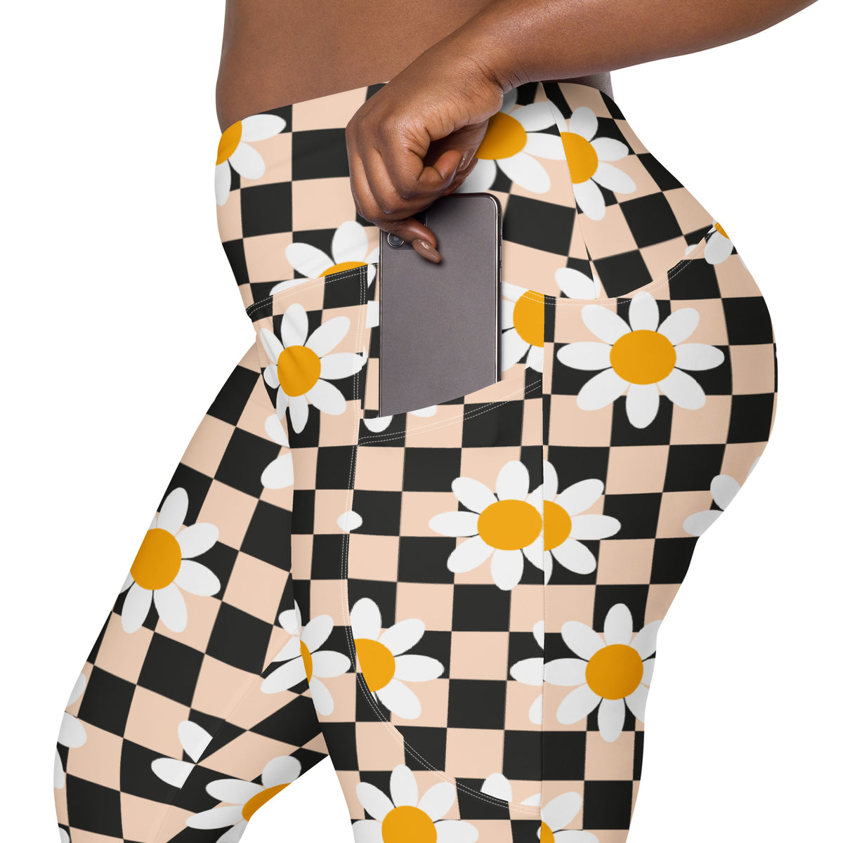 Women’s Daisy Checkered Yoga Leggings With Pockets – High-Waisted, Soft Compression Active Pants
