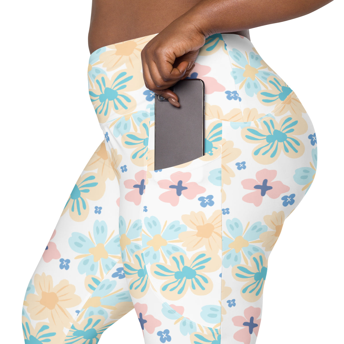 Women’s Tropical Pastel Floral Yoga Leggings With Pockets – High-Waisted, Soft Compression Active Pants
