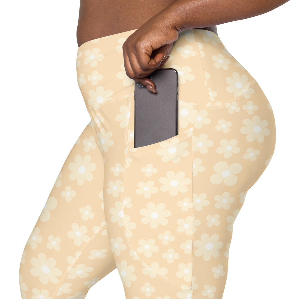 Women’s Light Yellow Daisy Yoga Leggings With Pockets – High-Waisted, Soft Compression Active Pants