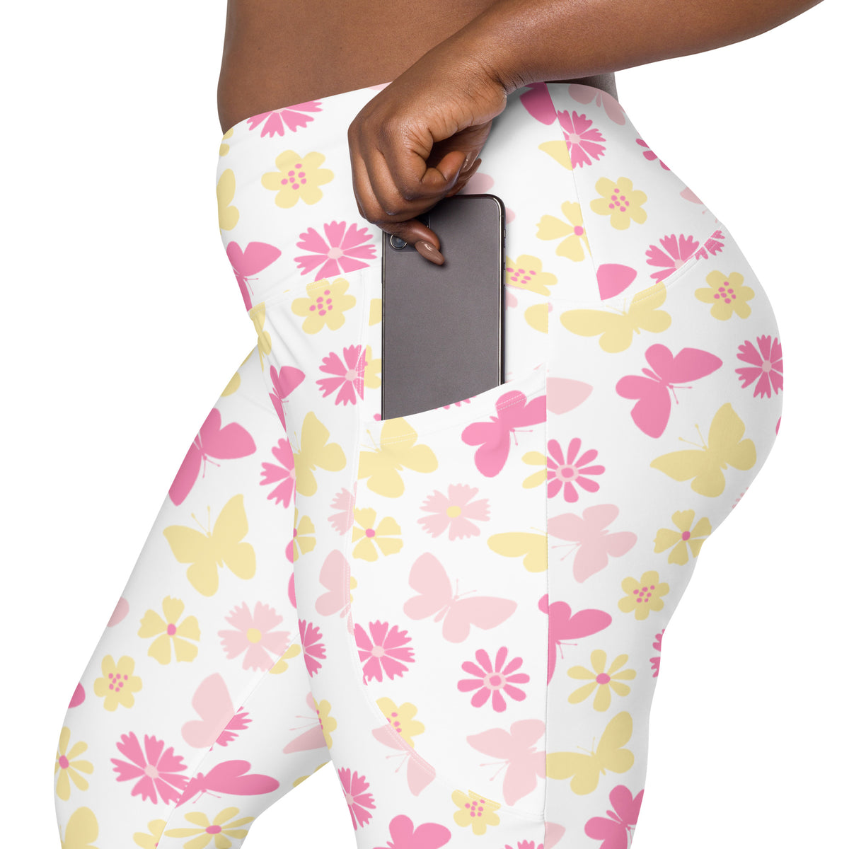 Women’s Pink Butterfly & Flower Yoga Leggings With Pockets – High-Waisted, Soft Compression Active Pants
