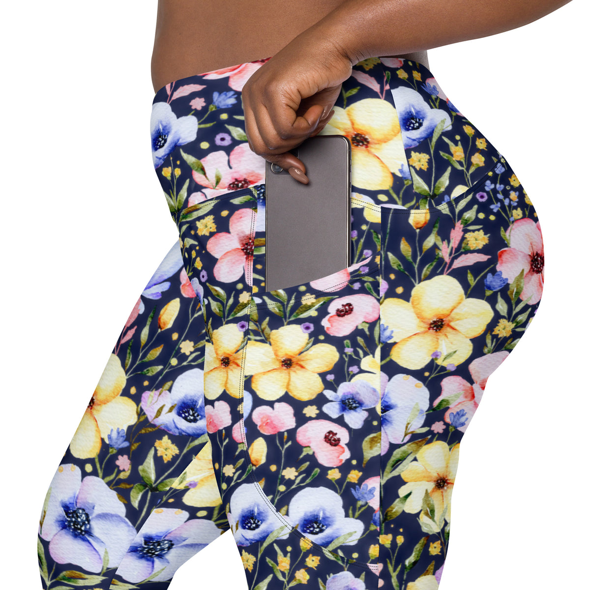 Women’s Watercolor Wildflower Yoga Leggings With Pockets – High-Waisted, Soft Compression Active Pants