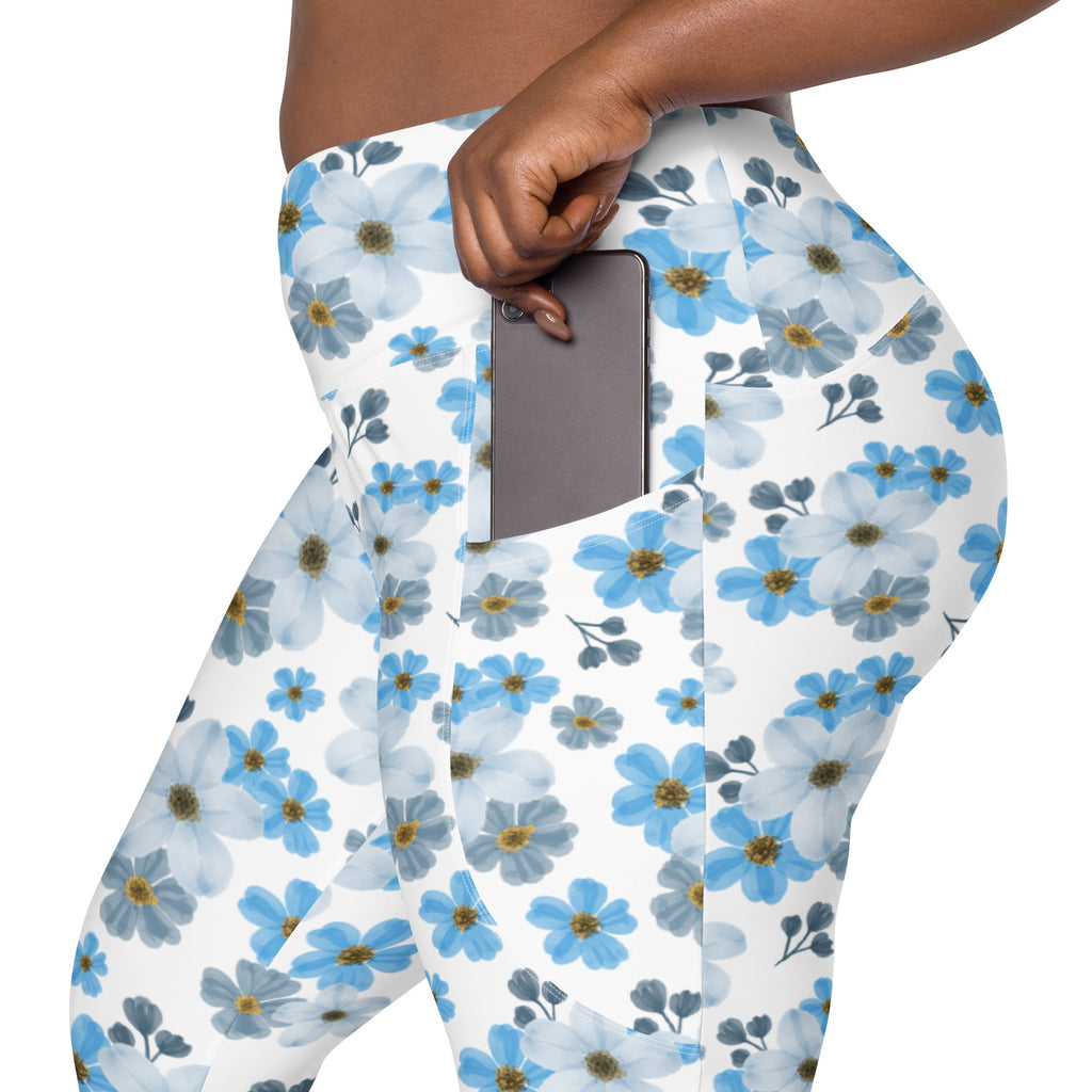 Women’s Blue Floral Yoga Leggings With Pockets – High-Waisted, Soft Compression Active Pants