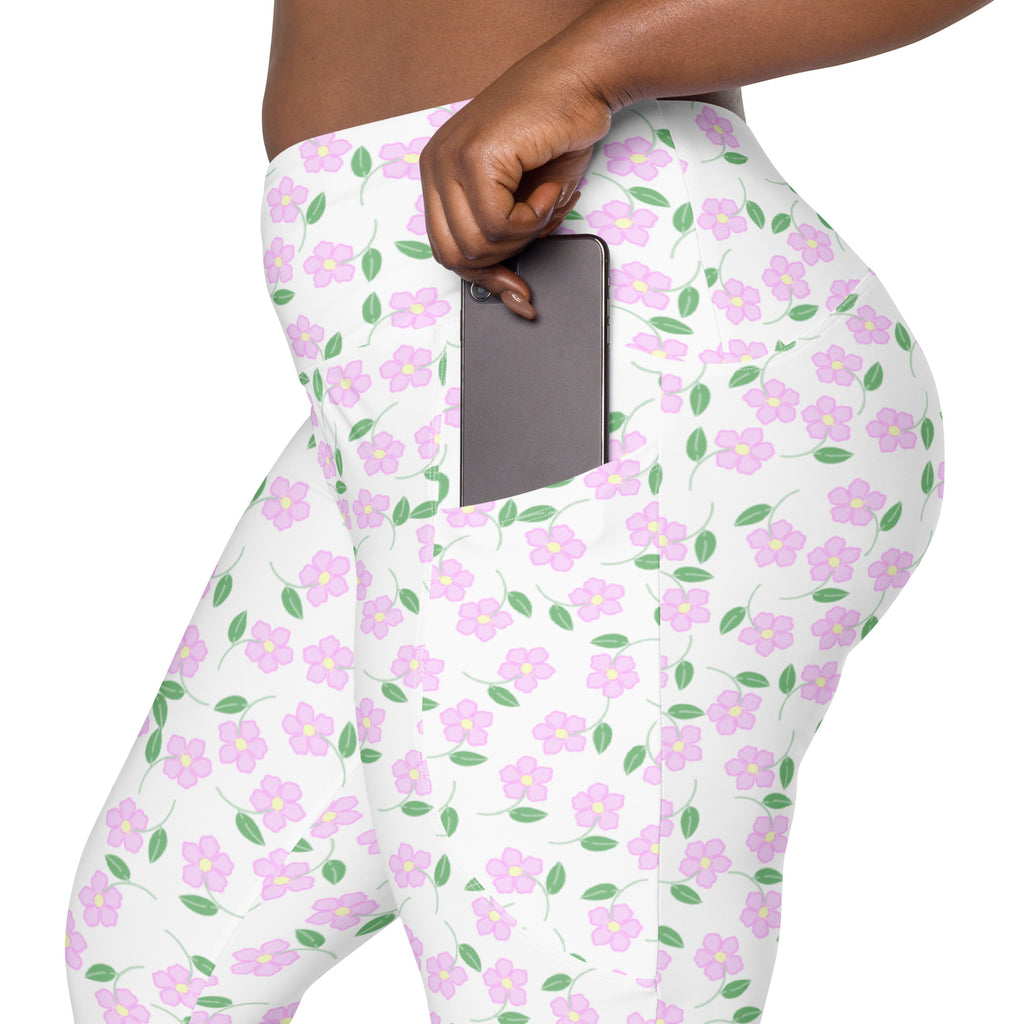 Women’s Pink Botanical Yoga Leggings With Pockets – High-Waisted, Soft Compression Active Pants
