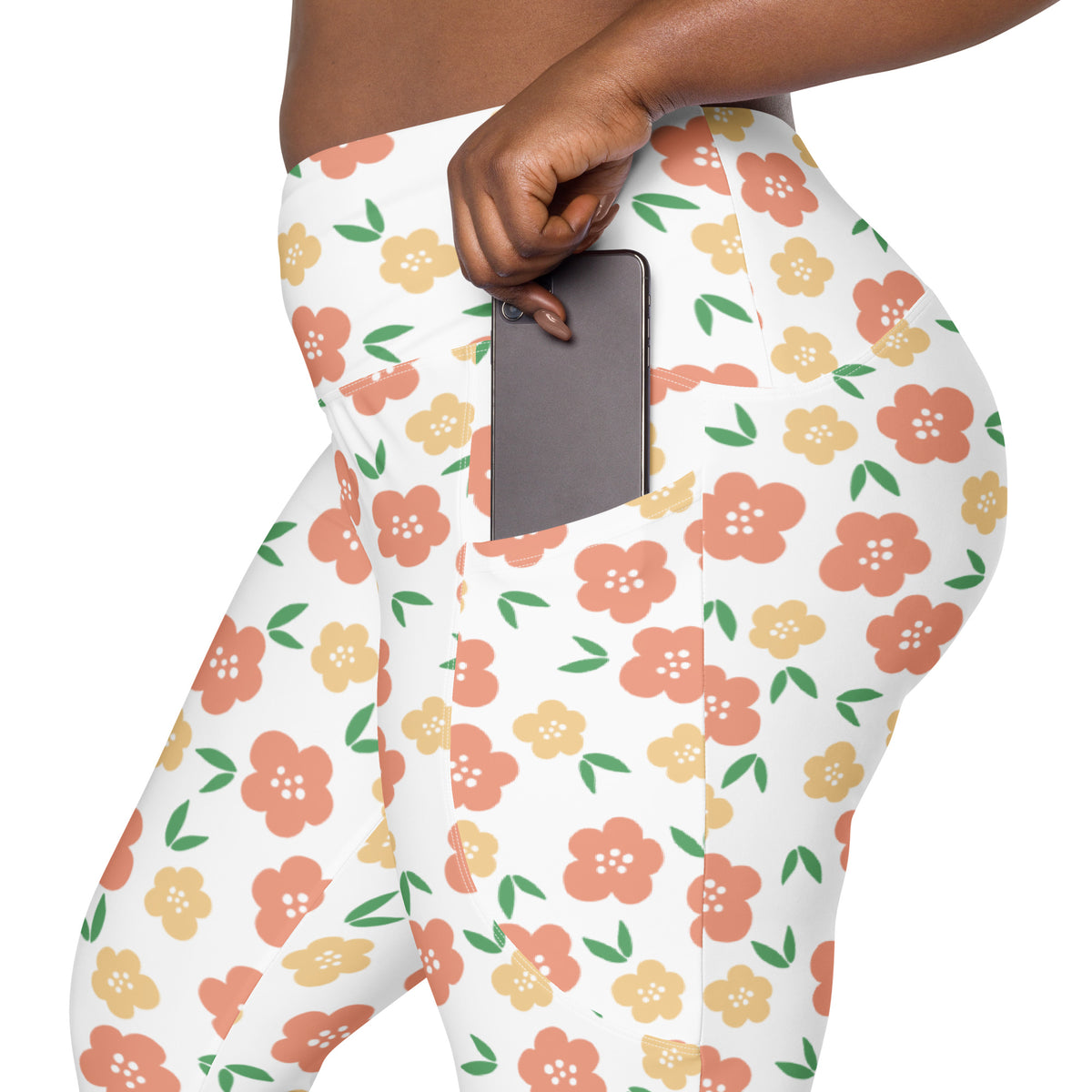 Women’s Orange Floral Yoga Leggings With Pockets – High-Waisted, Soft Compression Active Pants