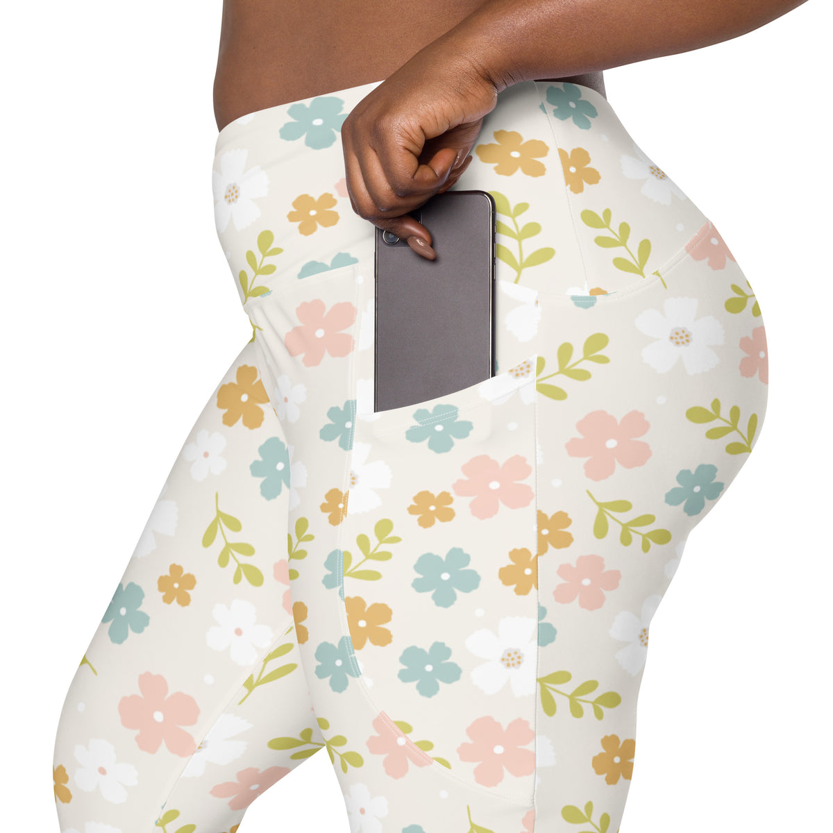 Women’s Pastel Floral Yoga Leggings With Pockets – High-Waisted, Soft Compression Active Pants