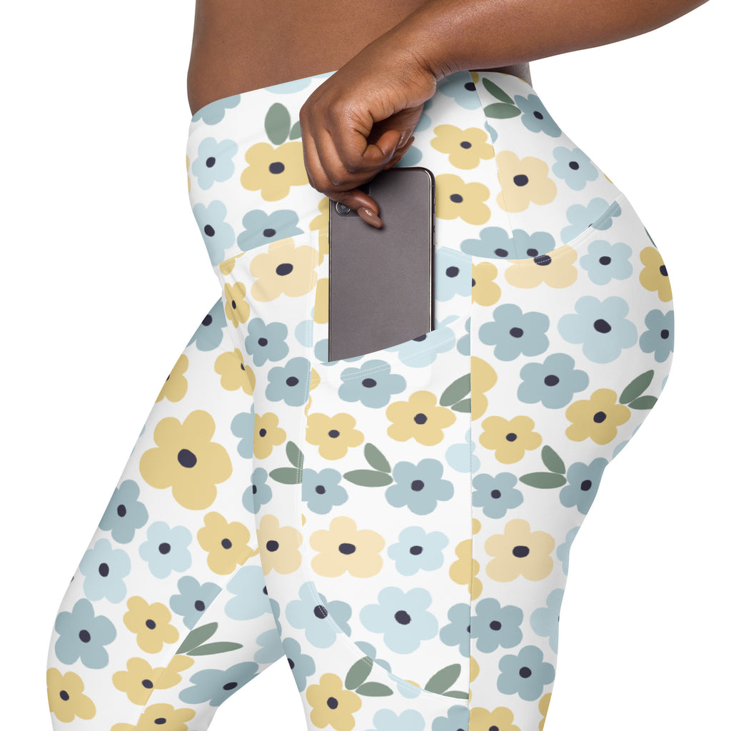 Women’s Blue & Yellow Floral Yoga Leggings With Pockets – High-Waisted, Soft Compression Active Pants