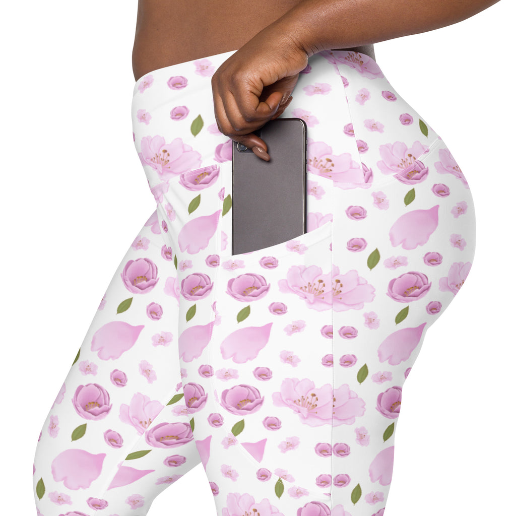 Women’s Pink Watercolor Floral Yoga Leggings With Pockets – High-Waisted, Soft Compression Active Pants