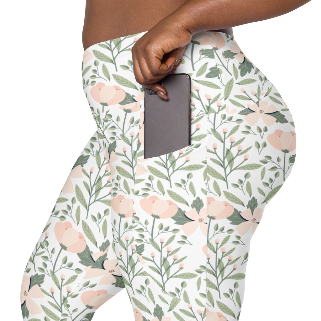 Women’s Blush Floral Yoga Leggings With Pockets – High-Waisted, Soft Compression Active Pants