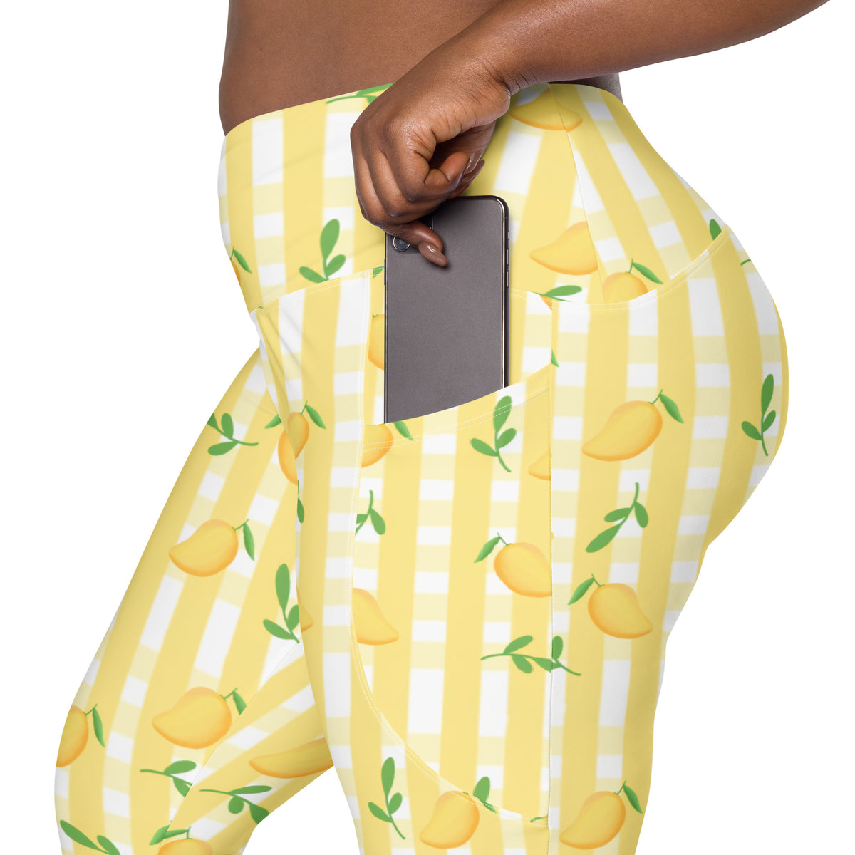 Women’s Yellow Mango Gingham Yoga Leggings With Pockets – High-Waisted, Soft Compression Active Pants