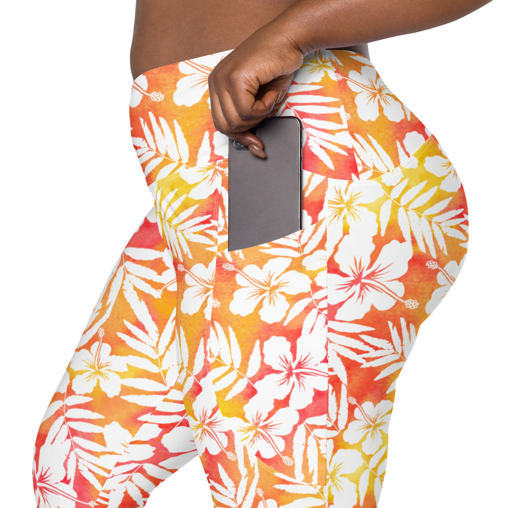Women’s Orange Tropical Hibiscus Yoga Leggings With Pockets – High-Waisted, Soft Compression Active Pants