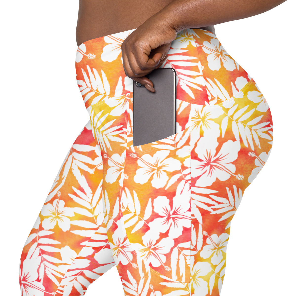 Women’s Orange Tropical Hibiscus Yoga Leggings With Pockets – High-Waisted, Soft Compression Active Pants
