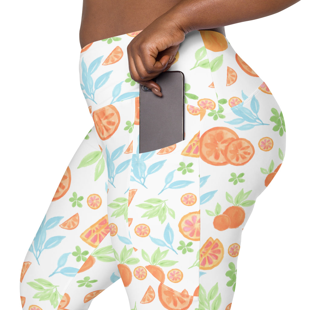 Women’s Watercolor Orange Citrus Yoga Leggings With Pockets – High-Waisted, Soft Compression Active Pants