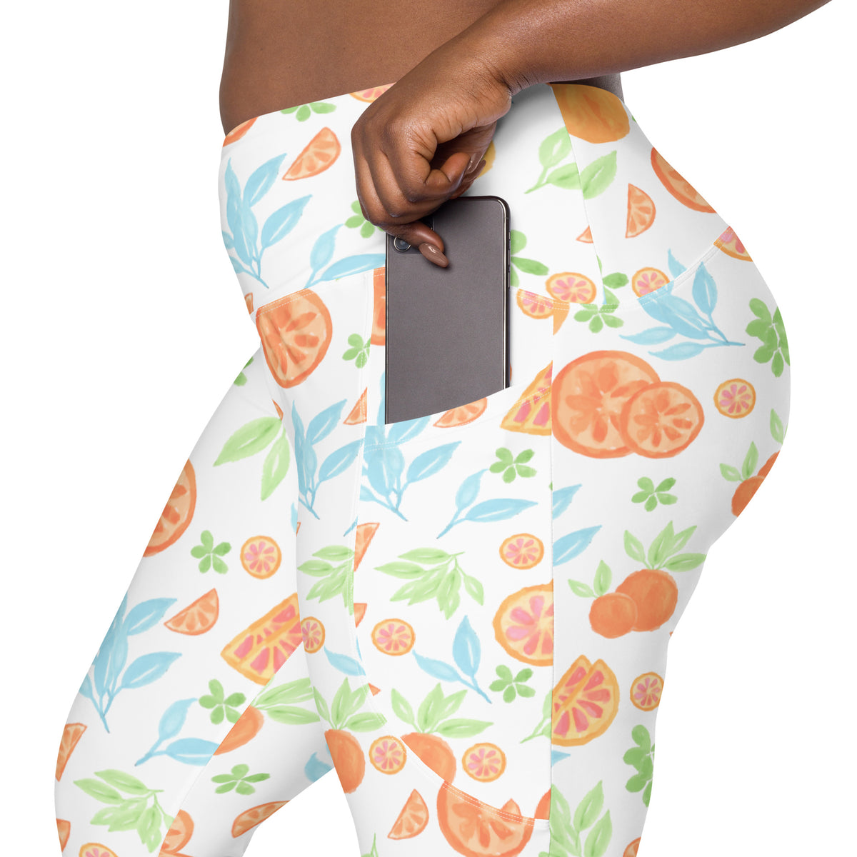 Women’s Watercolor Orange Citrus Yoga Leggings With Pockets – High-Waisted, Soft Compression Active Pants