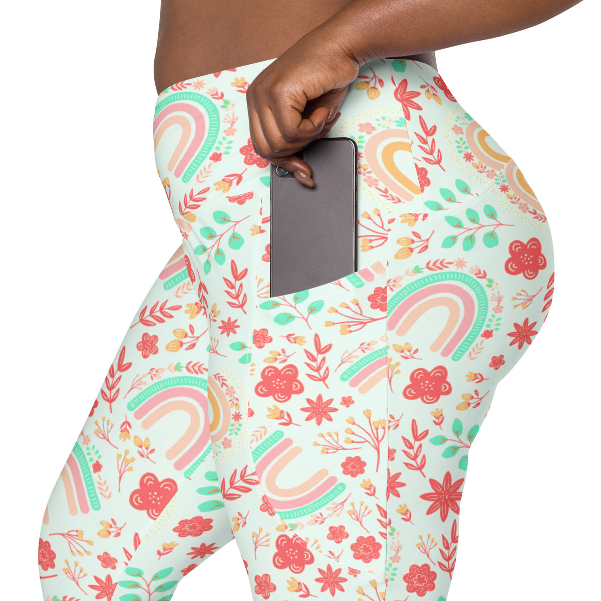 Women’s Boho Rainbow Floral Yoga Leggings With Pockets – High-Waisted, Soft Compression Active Pants