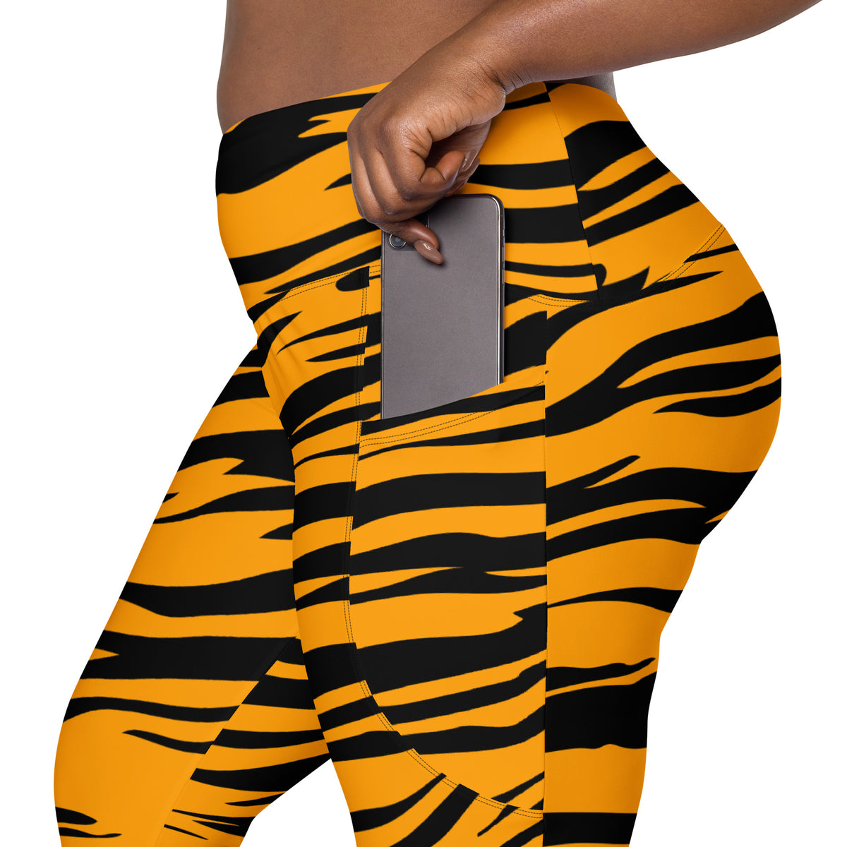 Women’s Orange Tiger Stripe Yoga Leggings With Pockets – High-Waisted, Soft Compression Active Pants