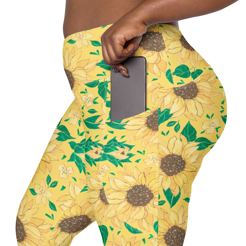Women’s Watercolor Sunflower Yoga Leggings With Pockets – High-Waisted, Soft Compression Active Pants