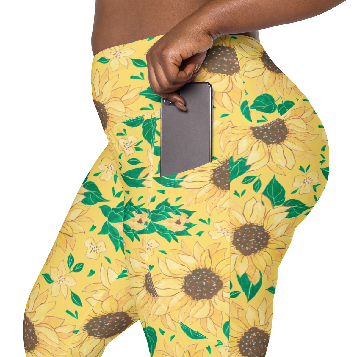 Women’s Watercolor Sunflower Yoga Leggings With Pockets – High-Waisted, Soft Compression Active Pants