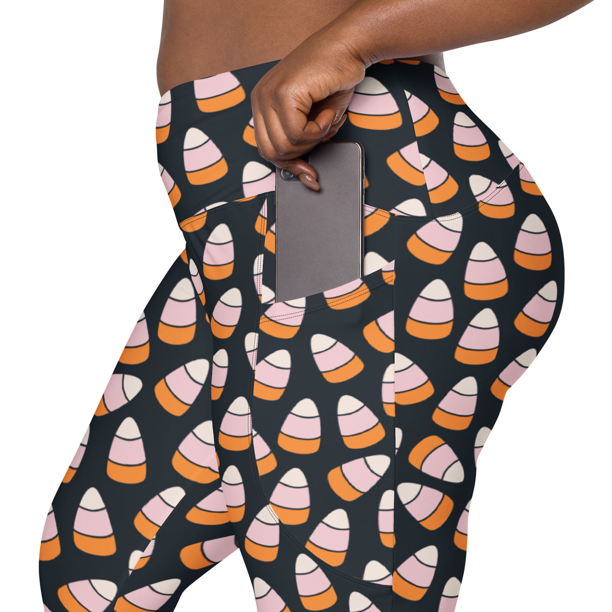 Women’s Pink & Orange Candy Corn Halloween Yoga Leggings With Pockets – High-Waisted, Soft Compression Active Pants