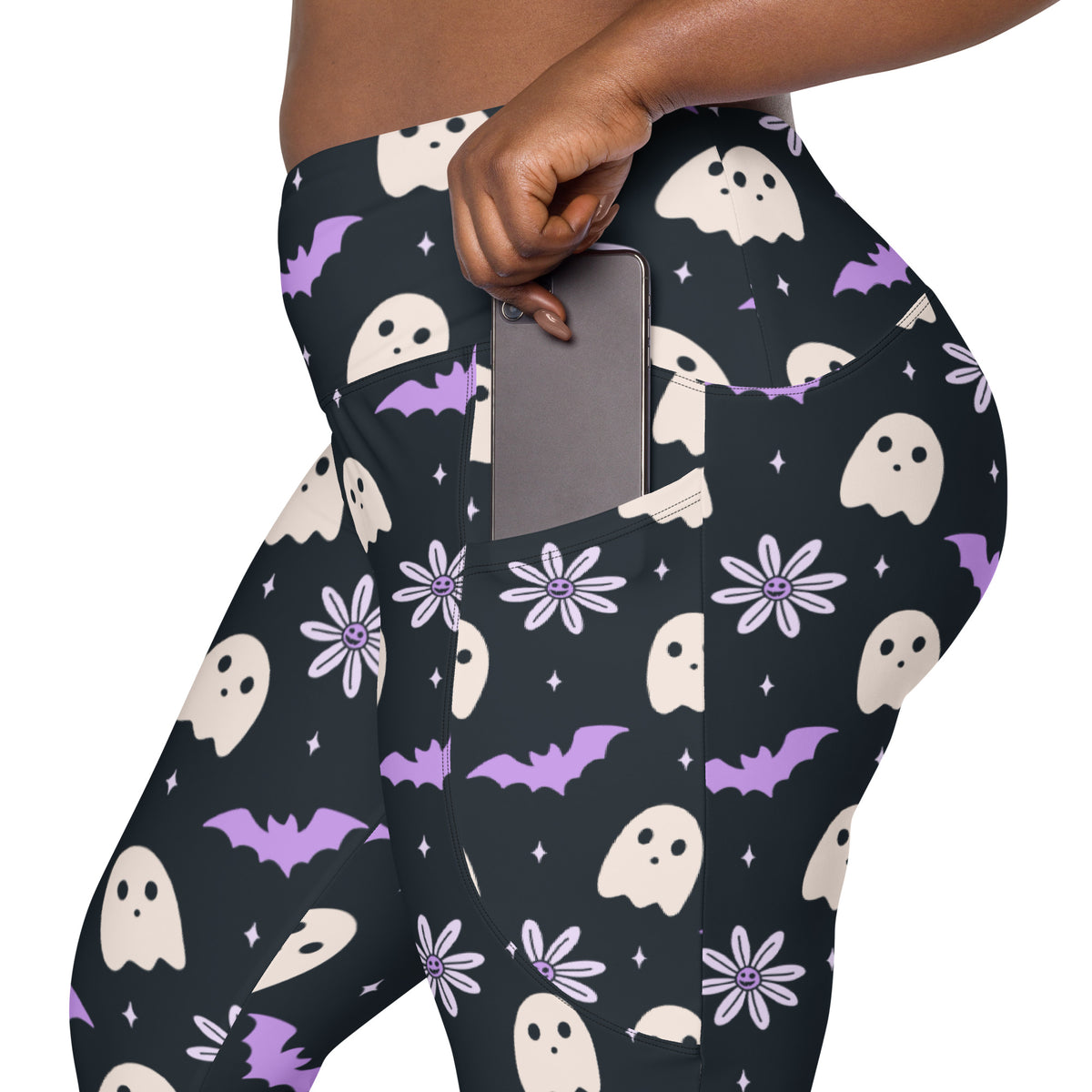 Women’s Purple Floral Ghost Halloween Yoga Leggings With Pockets – High-Waisted, Soft Compression Active Pants