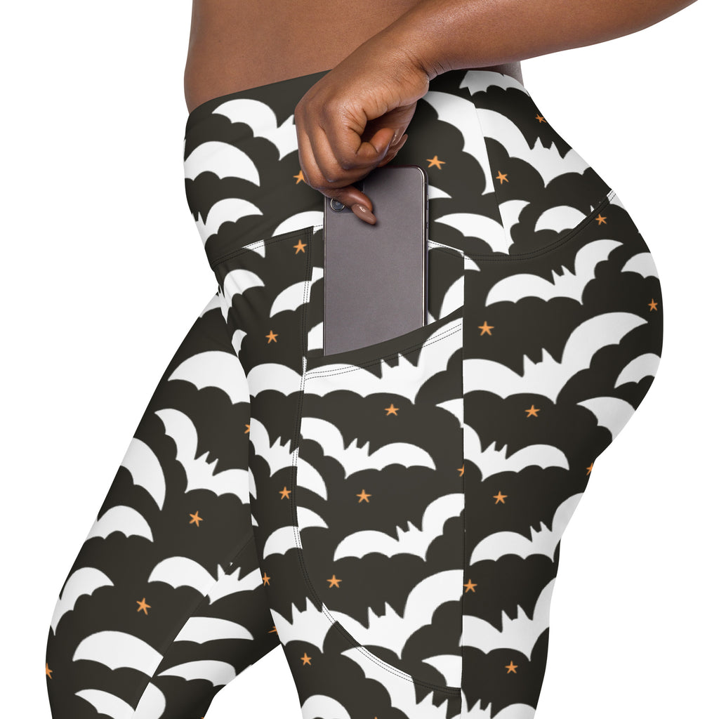 Women’s Dark Brown Halloween Bat Yoga Leggings With Pockets – High-Waisted, Soft Compression Active Pants