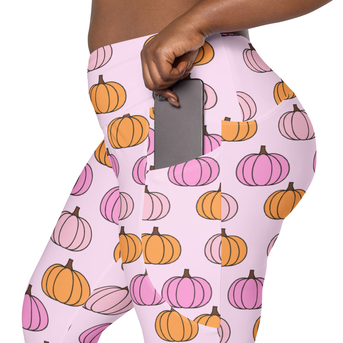 Women’s Pink & Orange Pumpkin Patch Yoga Leggings With Pockets – High-Waisted, Soft Compression Active Pants