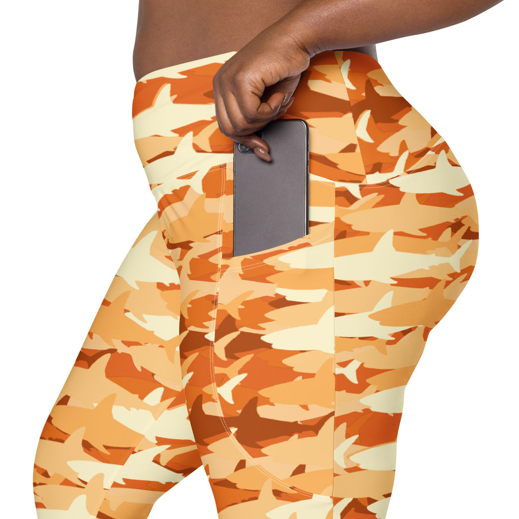 Women’s Orange Shark Camouflage Yoga Leggings With Pockets – High-Waisted, Soft Compression Active Pants