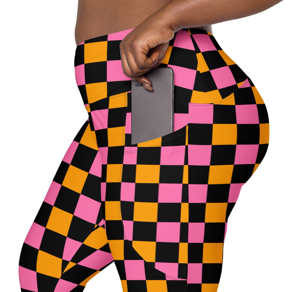 Women’s Pink Orange & Black Checkered Halloween Yoga Leggings With Pockets – High-Waisted, Soft Compression Active Pants