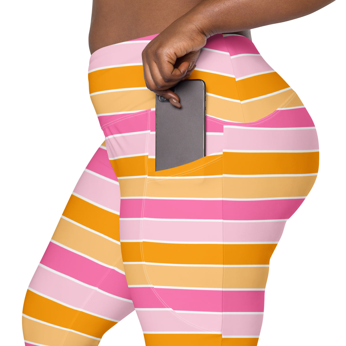 Women’s Pink & Orange Striped Candy Cane Yoga Leggings With Pockets – High-Waisted, Soft Compression Active Pants