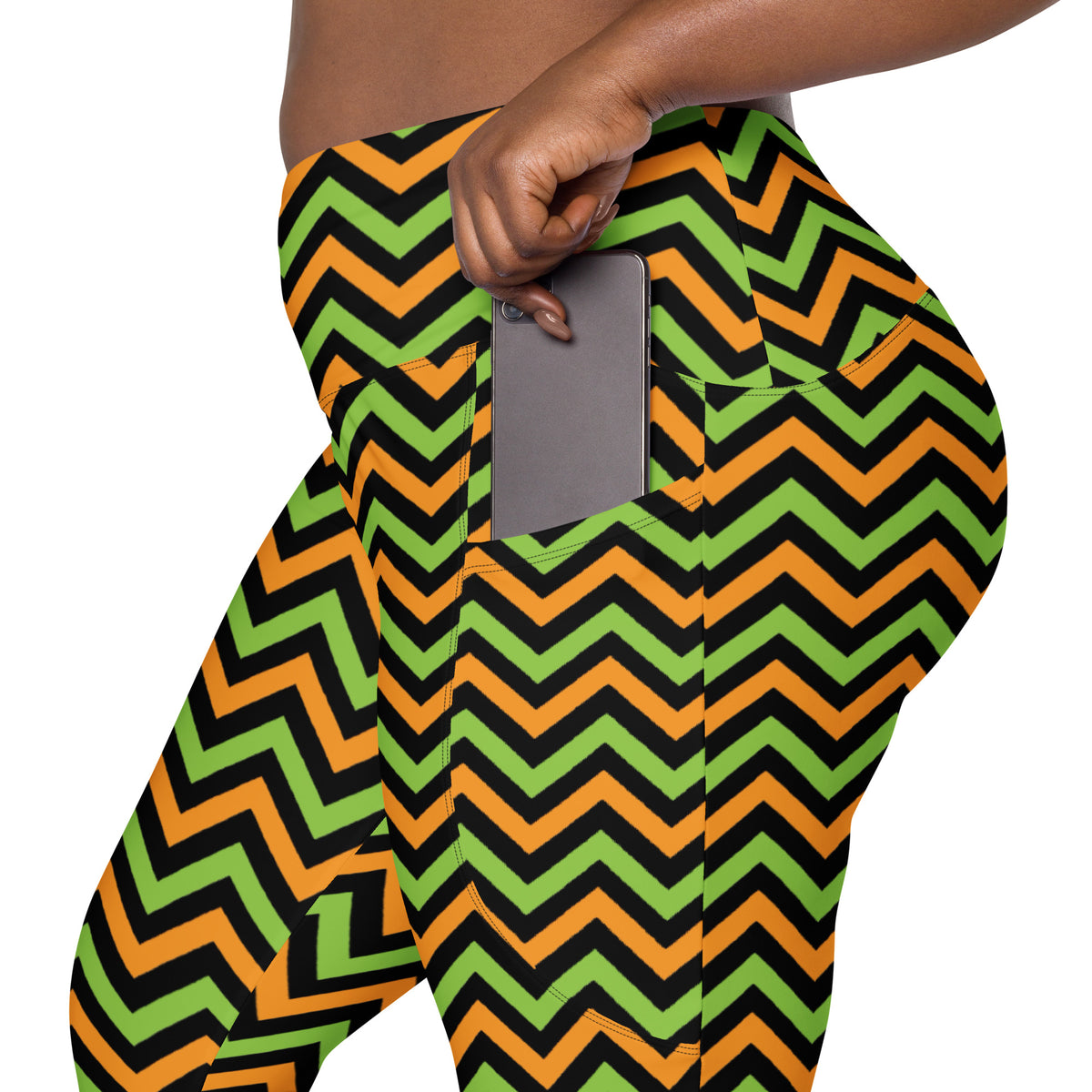 Women’s Orange Green & Black Chevron Halloween Yoga Leggings With Pockets – High-Waisted, Soft Compression Active Pants