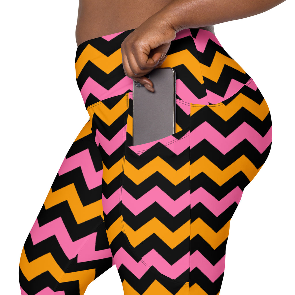 Women’s Pink & Orange Chevron Halloween Yoga Leggings With Pockets – High-Waisted, Soft Compression Active Pants