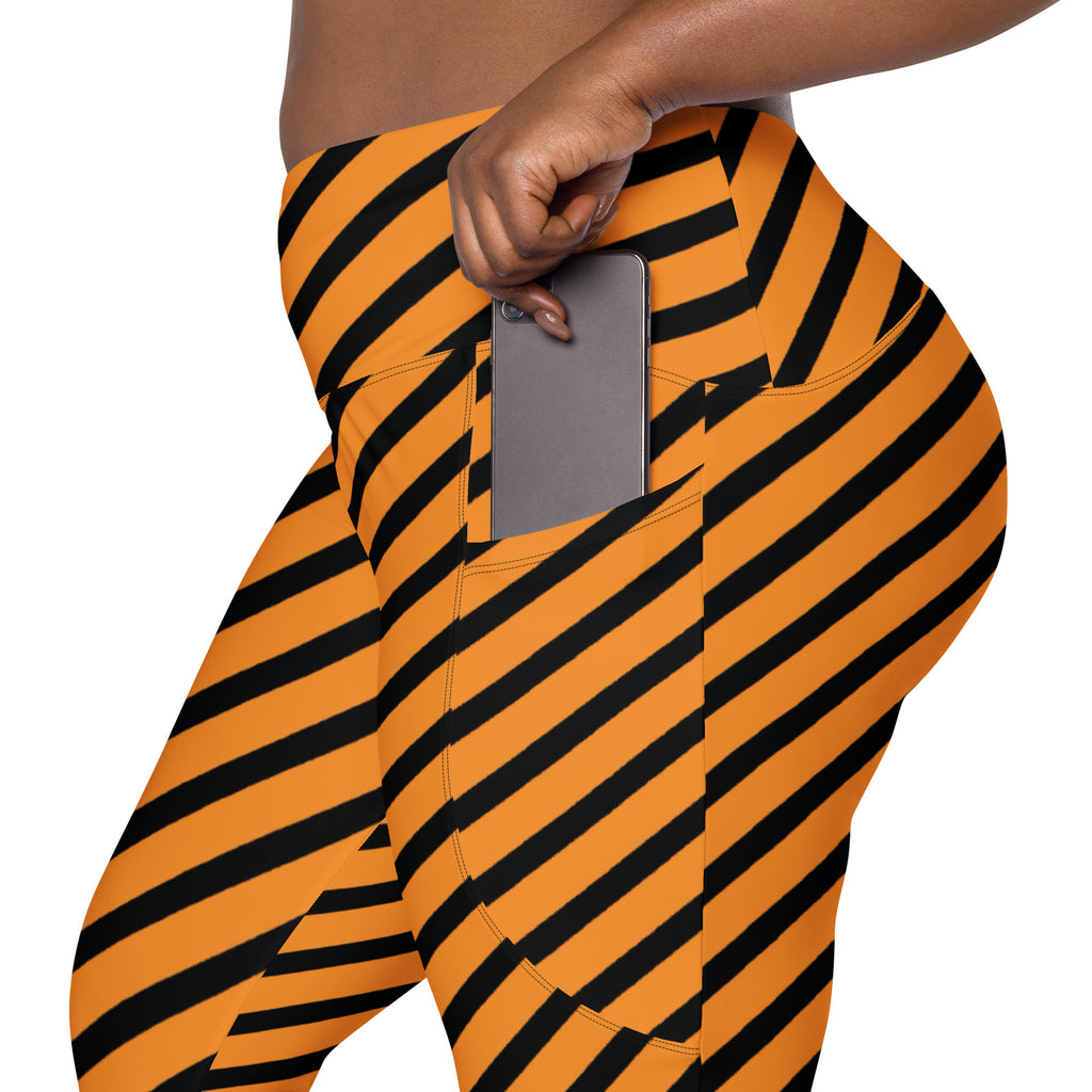 Women’s Orange Striped Halloween Yoga Leggings With Pockets – High-Waisted, Soft Compression Active Pants