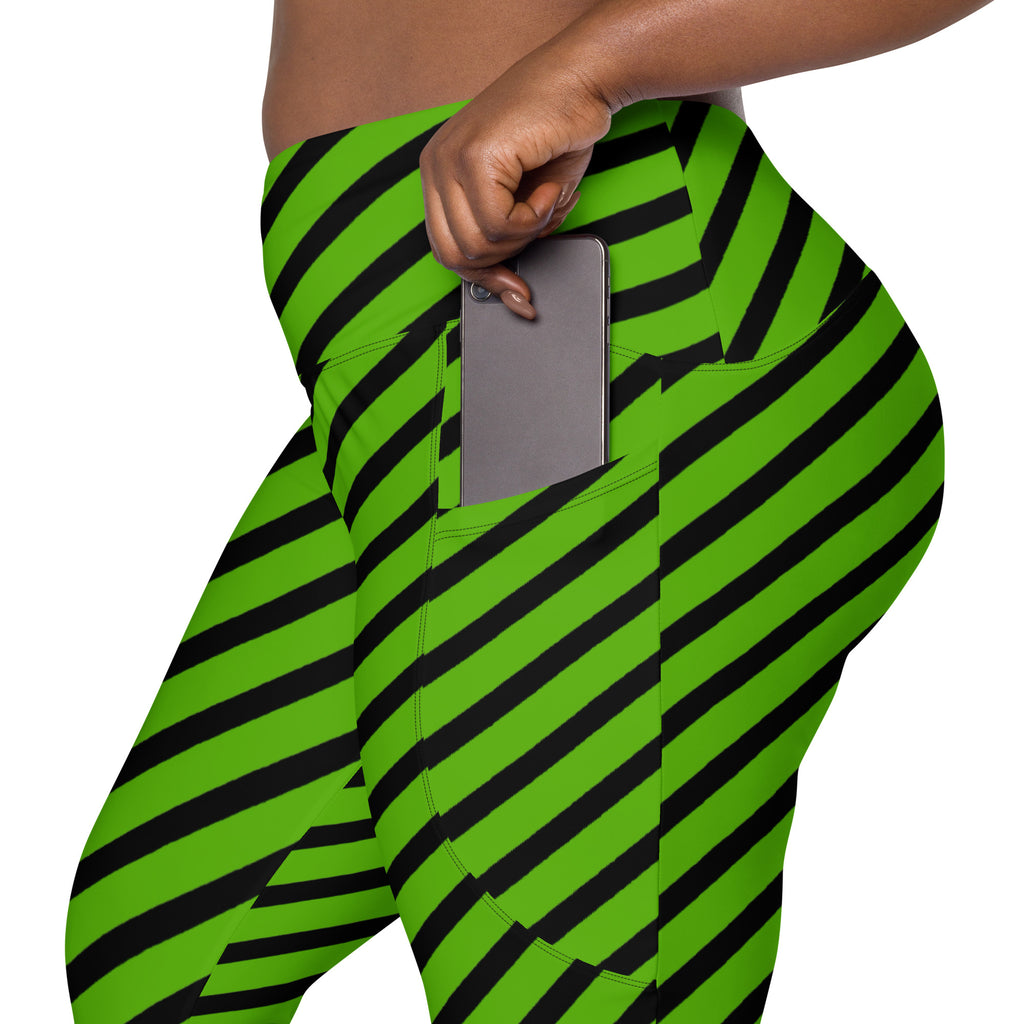 Women’s Green Striped Halloween Yoga Leggings With Pockets – High-Waisted, Soft Compression Active Pants