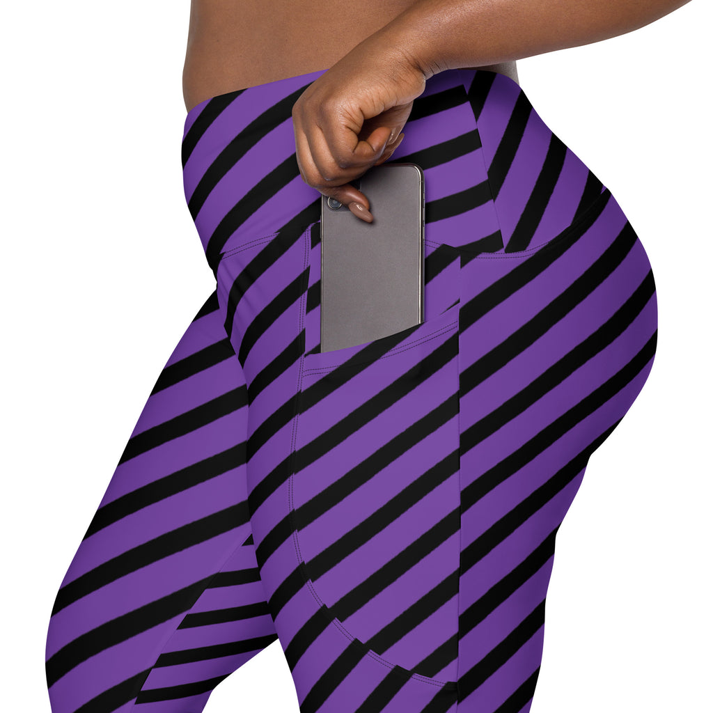 Women’s Purple Striped Halloween Yoga Leggings With Pockets – High-Waisted, Soft Compression Active Pants