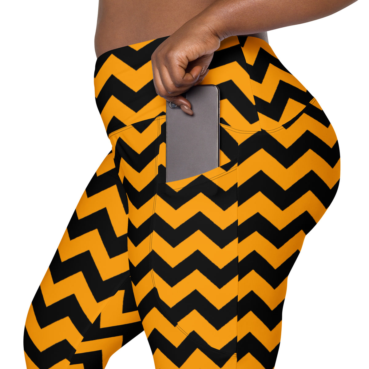 Women’s Orange Chevron Halloween Yoga Leggings With Pockets – High-Waisted, Soft Compression Active Pants