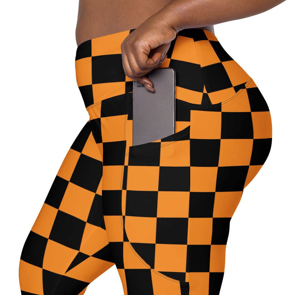Women’s Orange Checkered Halloween Yoga Leggings With Pockets – High-Waisted, Soft Compression Active Pants