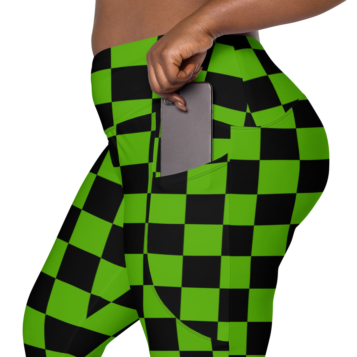 Women’s Green Checkered Halloween Yoga Leggings With Pockets – High-Waisted, Soft Compression Active Pants