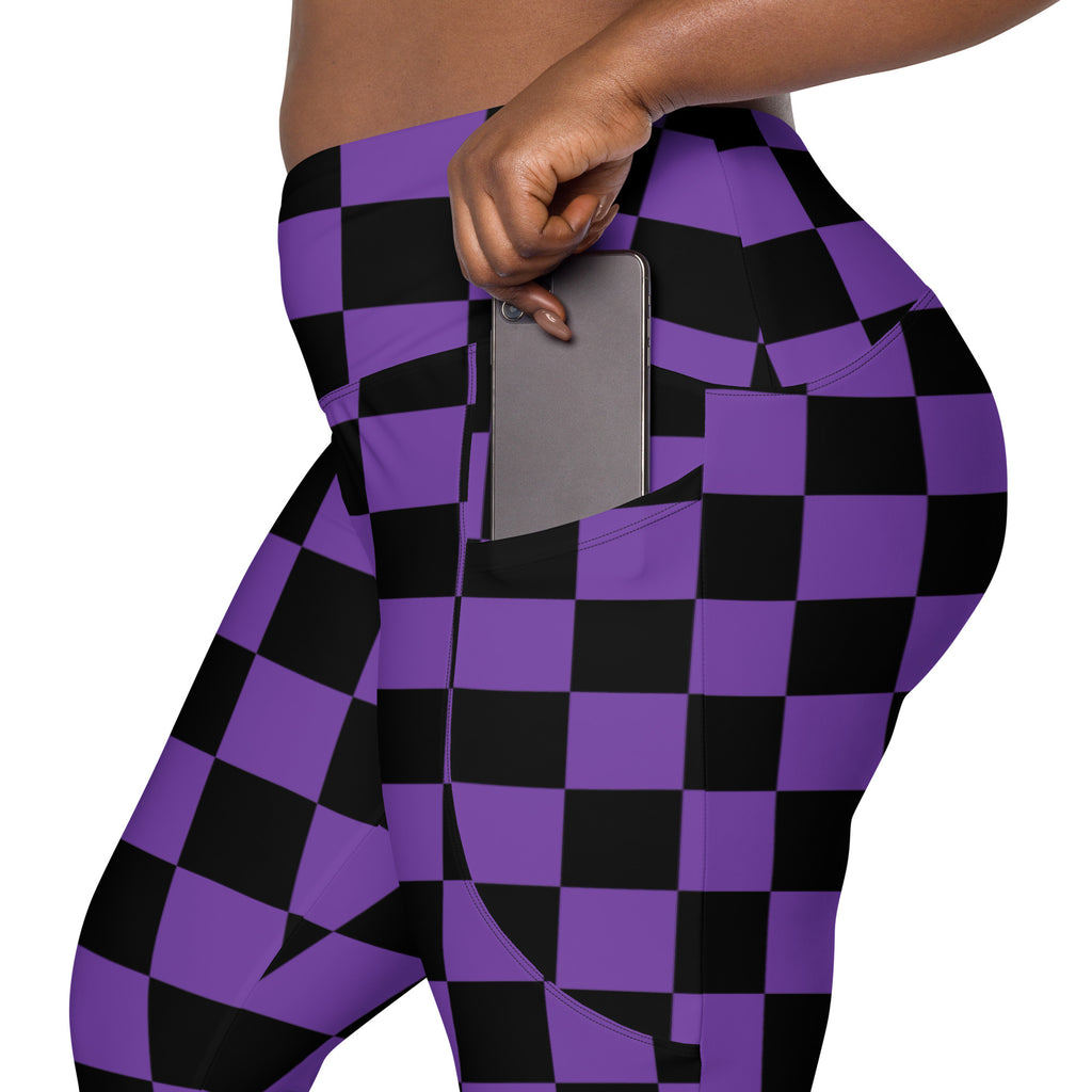 Women’s Purple Checkered Halloween Yoga Leggings With Pockets – High-Waisted, Soft Compression Active Pants