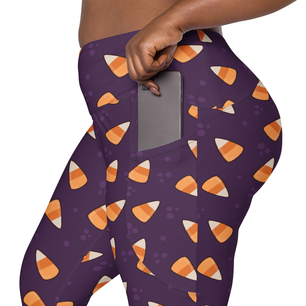 Women’s Purple Candy Corn Halloween Yoga Leggings With Pockets – High-Waisted, Soft Compression Active Pants