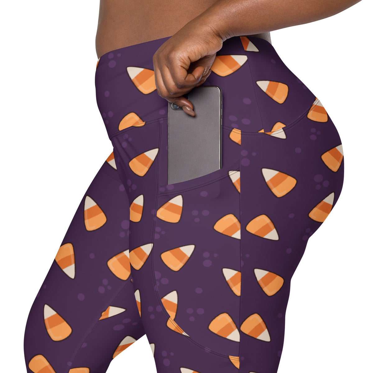 Women’s Purple Candy Corn Halloween Yoga Leggings With Pockets – High-Waisted, Soft Compression Active Pants