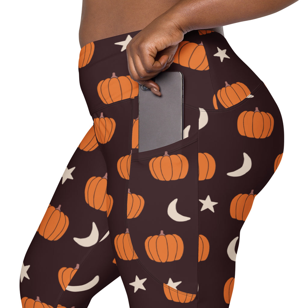 Women’s Orange Pumpkin Moon Halloween Yoga Leggings With Pockets – High-Waisted, Soft Compression Active Pants