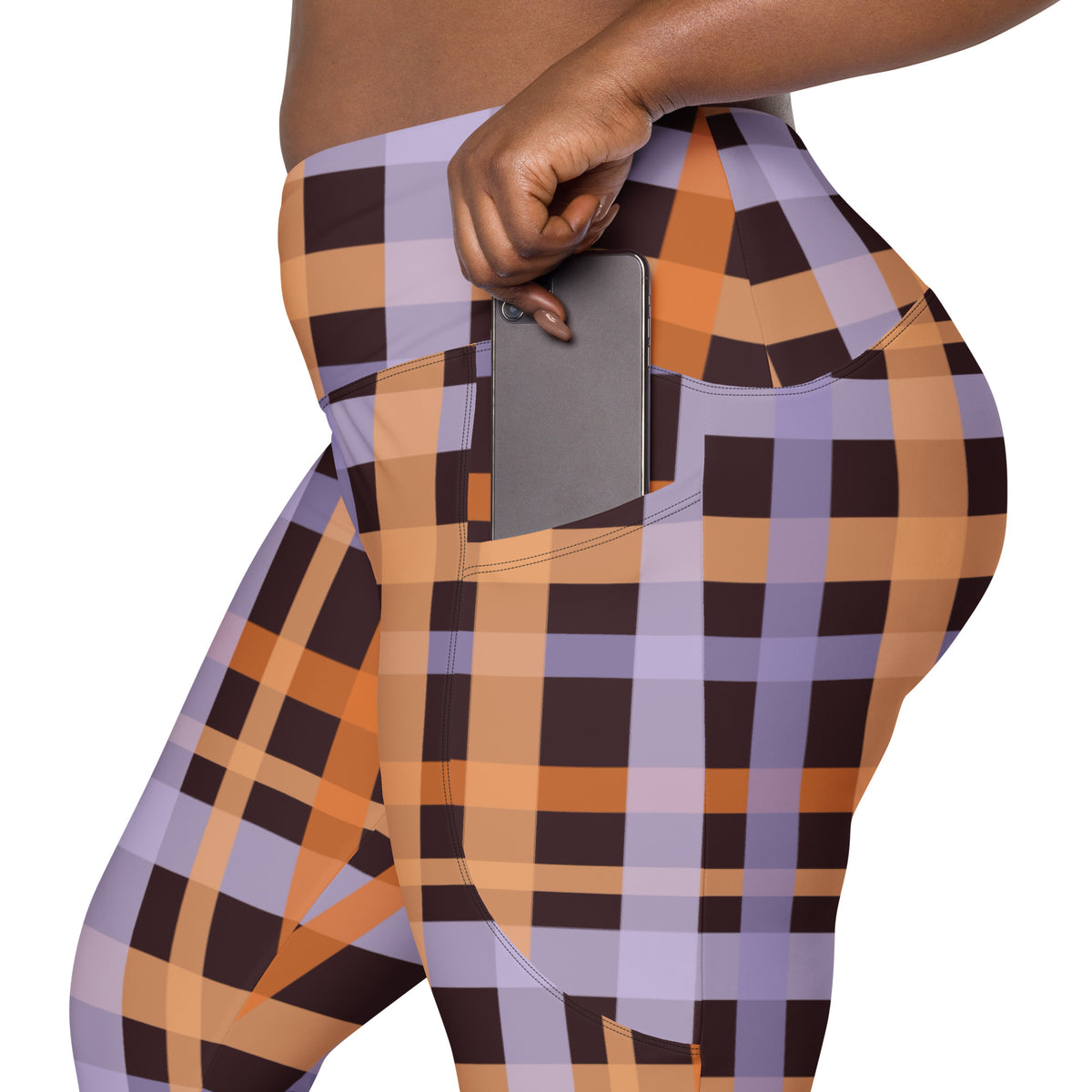 Women’s Orange Purple Plaid Halloween Yoga Leggings With Pockets – High-Waisted, Soft Compression Active Pants