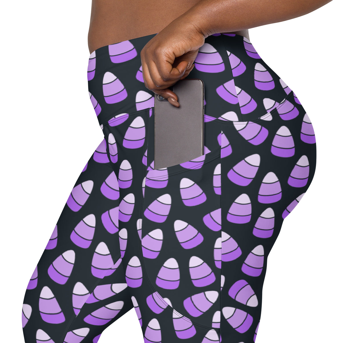 Women’s Purple Candy Corn Halloween Yoga Leggings With Pockets – High-Waisted, Soft Compression Active Pants