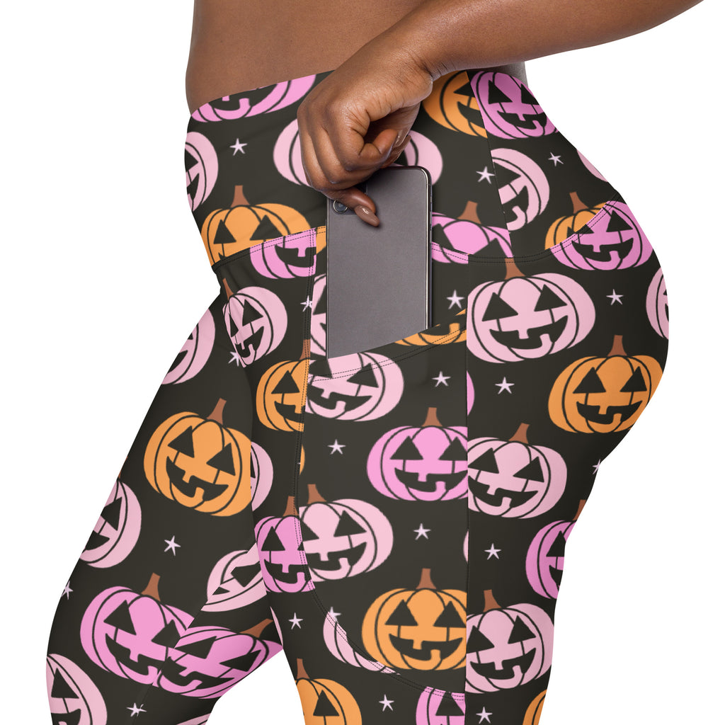 Women’s Pink Pumpkin Halloween Yoga Leggings With Pockets – High-Waisted, Soft Compression Active Pants